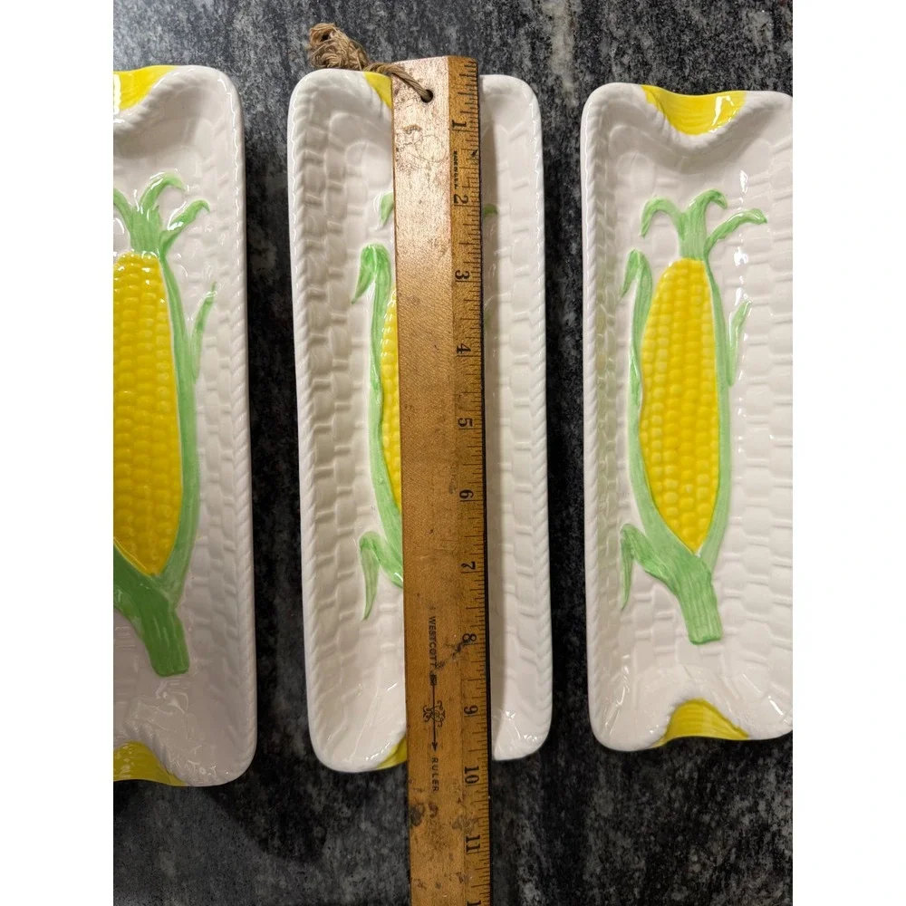 Vintage Shafford Ceramic Corn on the Cob Dishes Set of 4 Yellow Green 9.5in